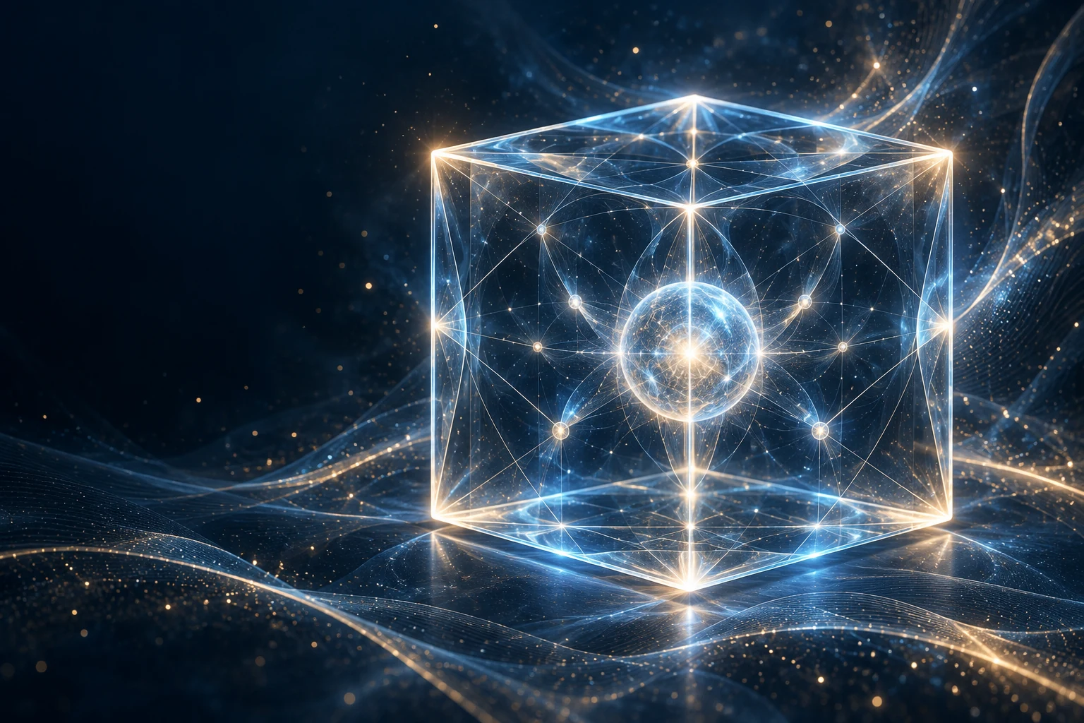 Représentation artistique du Cube Quantique Informationnel : un cube bleu et doré parcouru de filaments lumineux